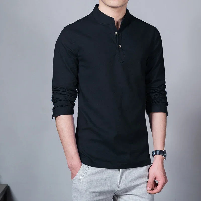 Men's Clothing Men Spring Tops & Tees Male Fashion T-Shirts Stand Collar Long-sleeved Slim Base Shirt Homme Linen t-shirt