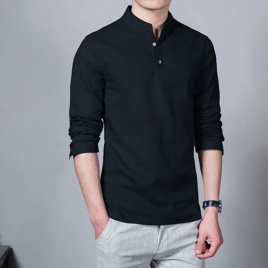Men's Clothing Men Spring Tops & Tees Male Fashion T-Shirts Stand Collar Long-sleeved Slim Base Shirt Homme Linen t-shirt