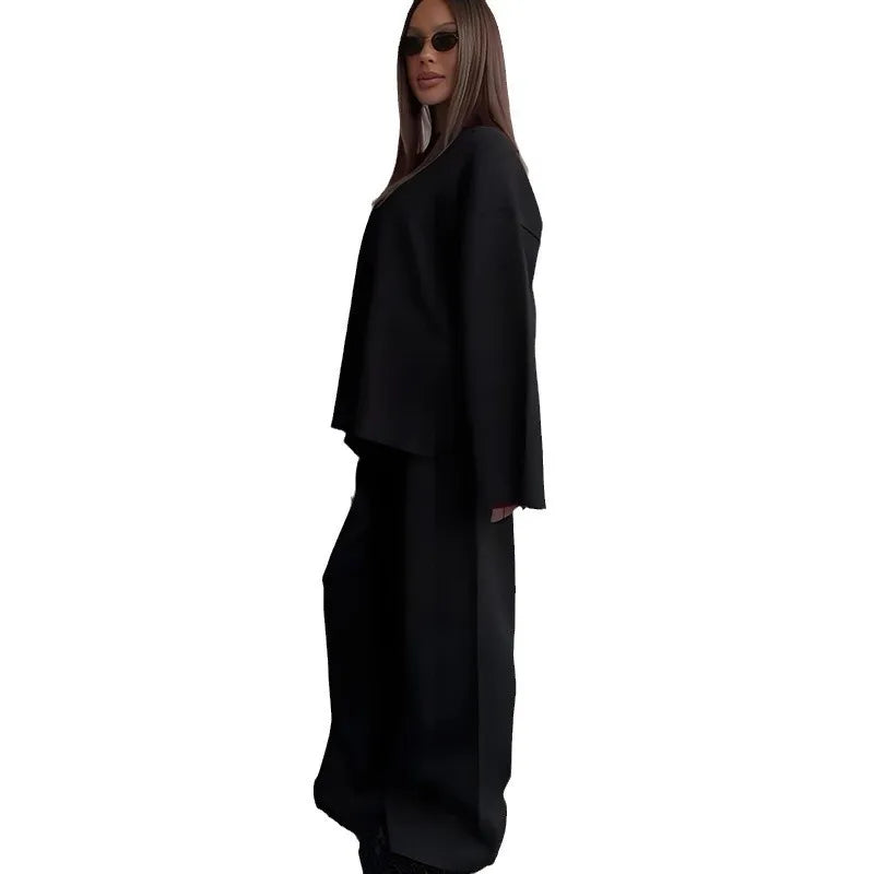 Women's Clothing 2025 Autumn New Solid Color Round Neck Fashion Casual Wide Leg Pants Sweater Suit Female