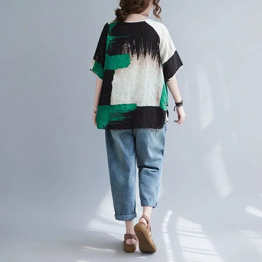 Women Clothing 2025 New Summer Clothing New Style Retro Loose Cotton Linen Short-sleeved T-shirt Top