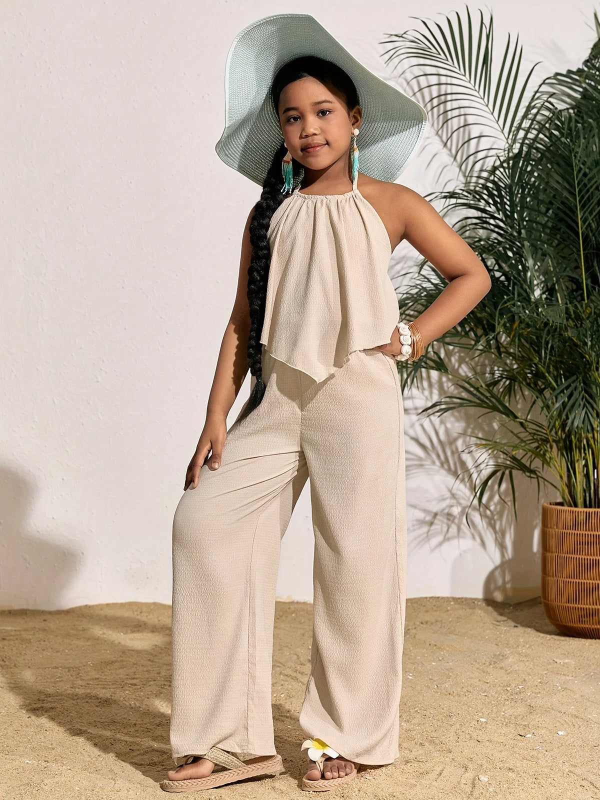 Children's Clothing for Girls: Holiday Casual Solid Color Sleeveless Top and Wide-Leg Pants Set, Girls' Long Pants Set, Children's Casual Fashion Wide-Leg Pants Outfit Suitable for Ages 8 to 12