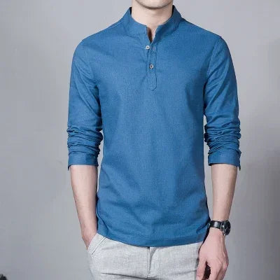 Men's Clothing Men Spring Tops & Tees Male Fashion T-Shirts Stand Collar Long-sleeved Slim Base Shirt Homme Linen t-shirt