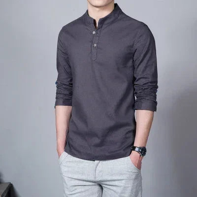 Men's Clothing Men Spring Tops & Tees Male Fashion T-Shirts Stand Collar Long-sleeved Slim Base Shirt Homme Linen t-shirt
