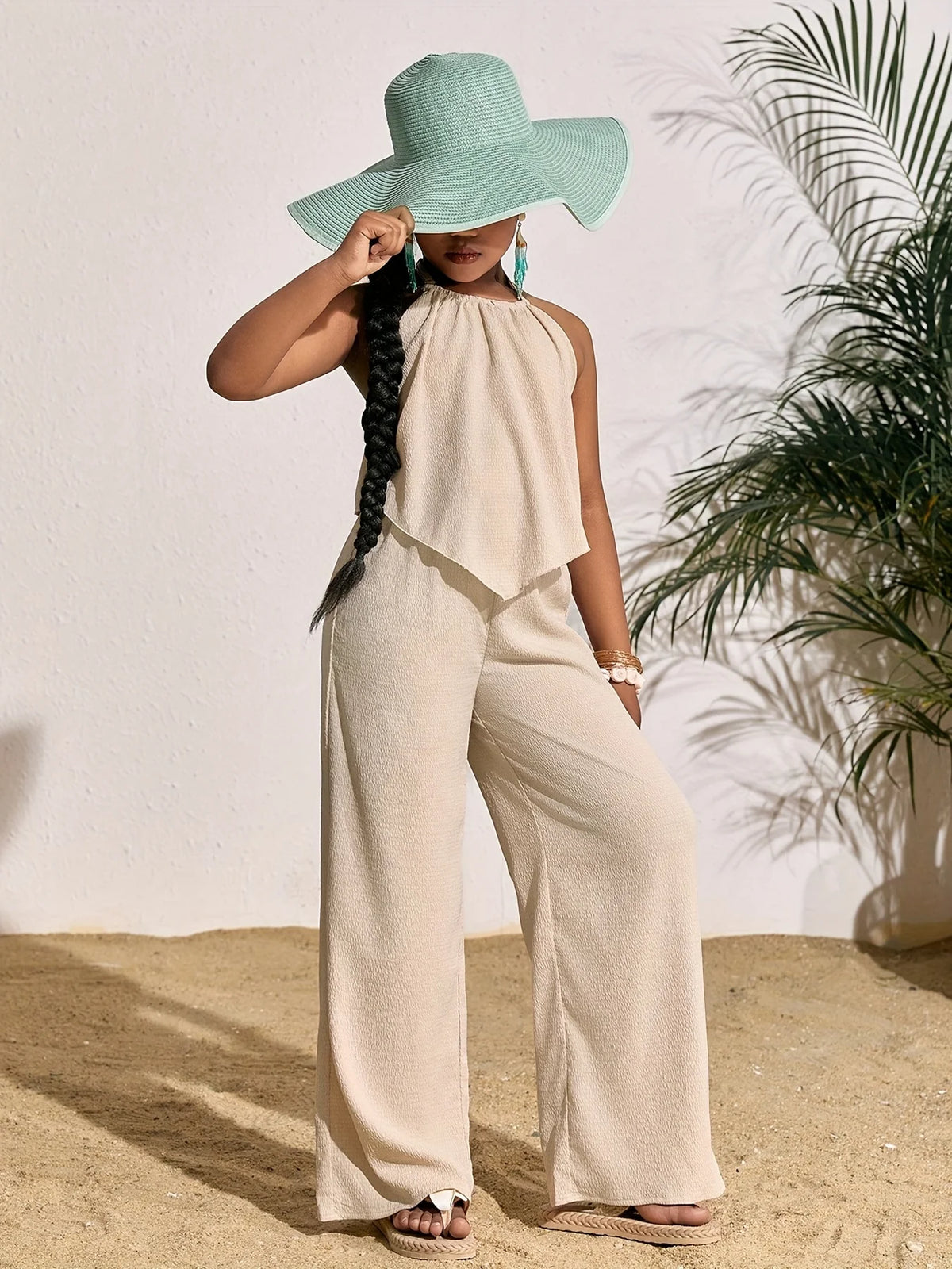 Children's Clothing for Girls: Holiday Casual Solid Color Sleeveless Top and Wide-Leg Pants Set, Girls' Long Pants Set, Children's Casual Fashion Wide-Leg Pants Outfit Suitable for Ages 8 to 12