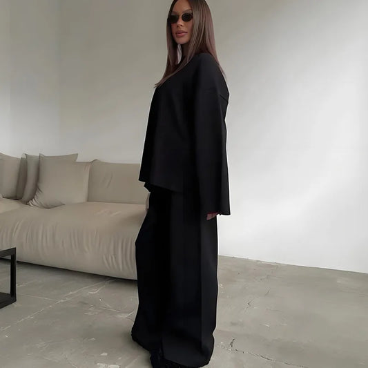 Women's Clothing 2025 Autumn New Solid Color Round Neck Fashion Casual Wide Leg Pants Sweater Suit Female