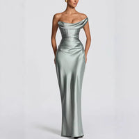 Off-Shoulder Satin Bodycon Dress Belle & Voile Ivy Green / L