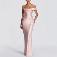 Off-Shoulder Satin Bodycon Dress Belle & Voile Pink / L