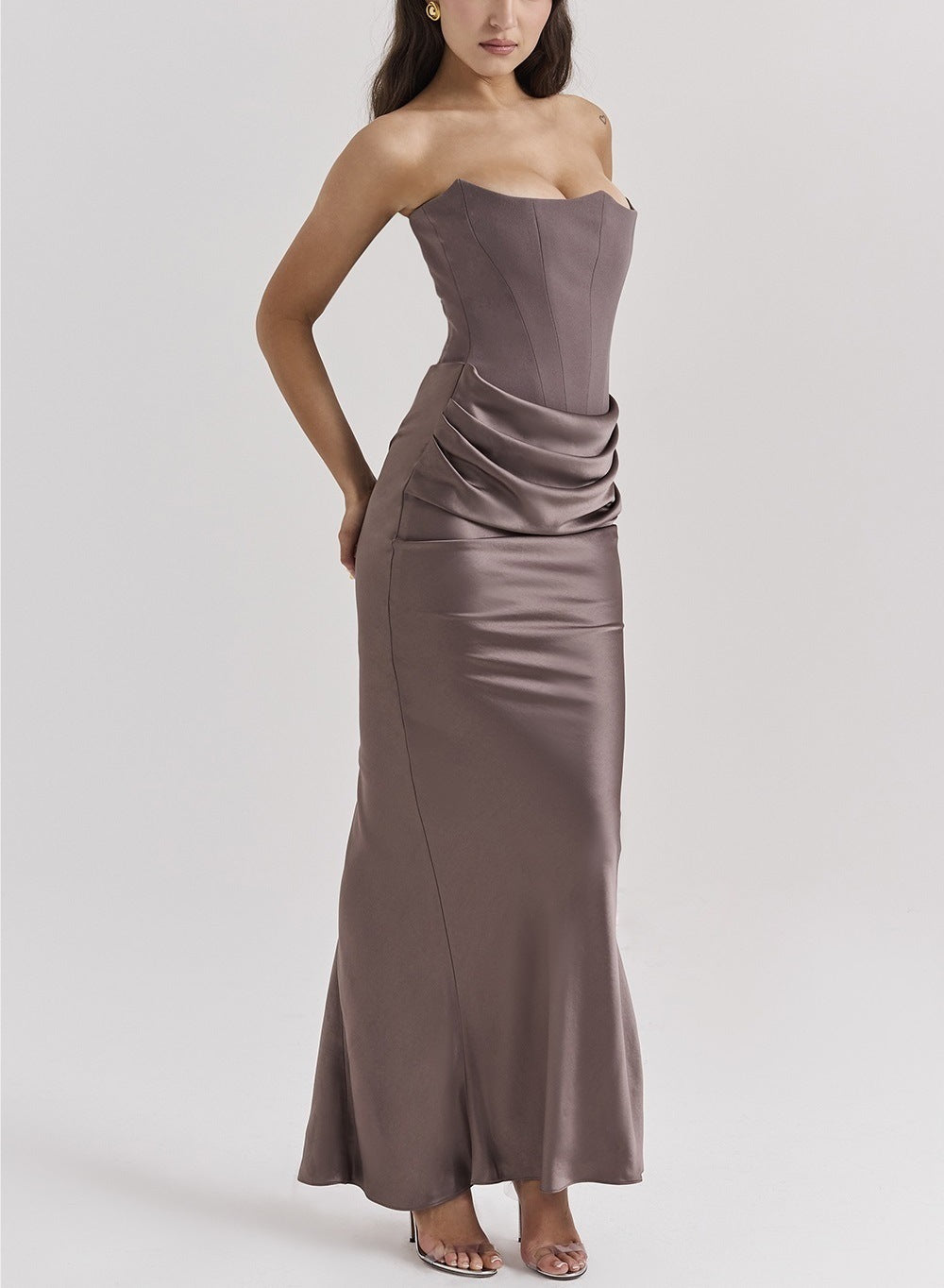 One Shoulder Pleated Bodysuit Dress Belle & Voile Taupe / XS