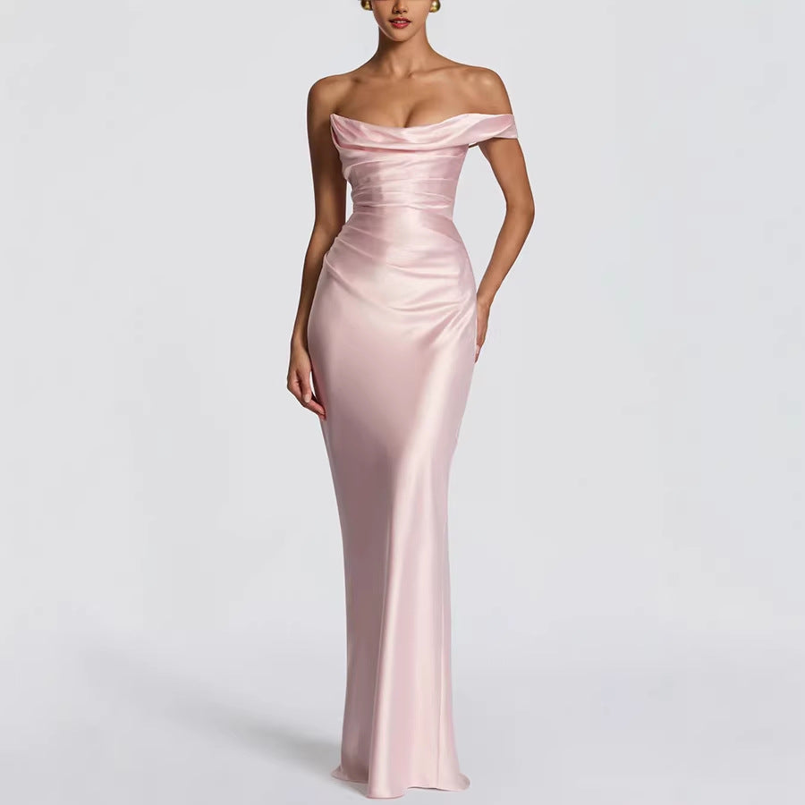 Off-Shoulder Satin Bodycon Dress Belle & Voile Pink / M