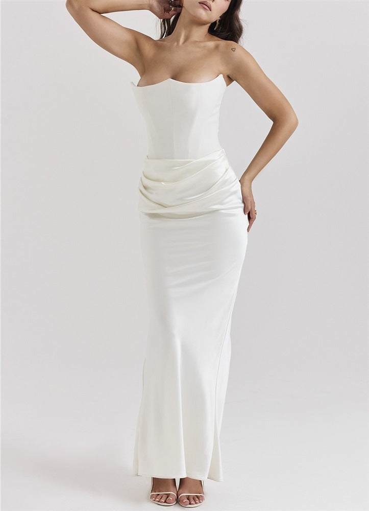 One Shoulder Pleated Bodysuit Dress Belle & Voile White / XL