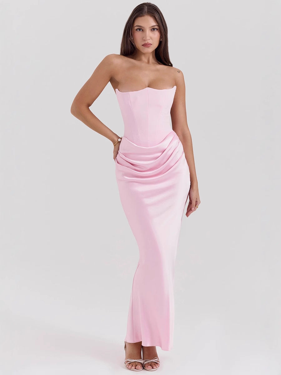 One Shoulder Pleated Bodysuit Dress Belle & Voile Pink / L