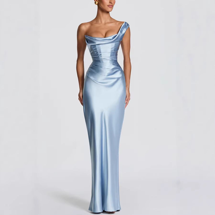 Off-Shoulder Satin Bodycon Dress Belle & Voile Light Blue / S