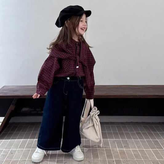 Children's clothing Girls' shirts Shawl plaid casual outdoor tops 2025 spring and autumn clothing new children's clothing trend