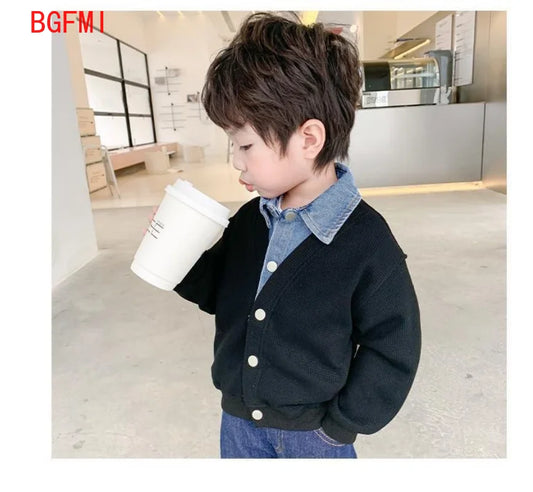 Children's Clothing for Boy Coat Spring Autumn Waffle Jacket Denim Collar Patchwork Top Fake Two Shirts Kids Outerwear 2-9 Y