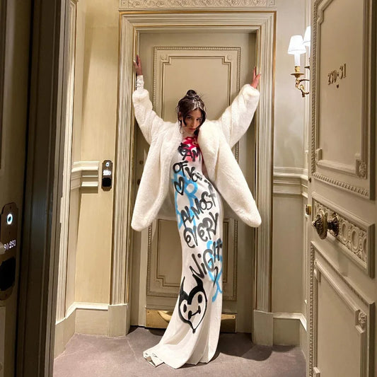 Women's Clothing 2025 New Fashion Fashionable High-neck Color-blocked Graffiti Long-sleeved Hip-hugging Close-fitting Long Dress