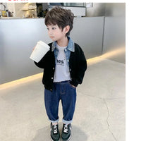 Children's Clothing for Boy Coat Spring Autumn Waffle Jacket Denim Collar Patchwork Top Fake Two Shirts Kids Outerwear 2-9 Y