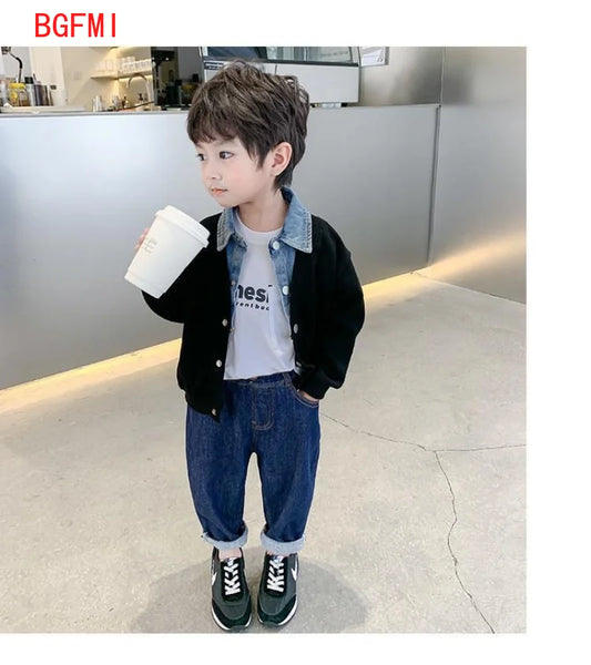 Children's Clothing for Boy Coat Spring Autumn Waffle Jacket Denim Collar Patchwork Top Fake Two Shirts Kids Outerwear 2-9 Y
