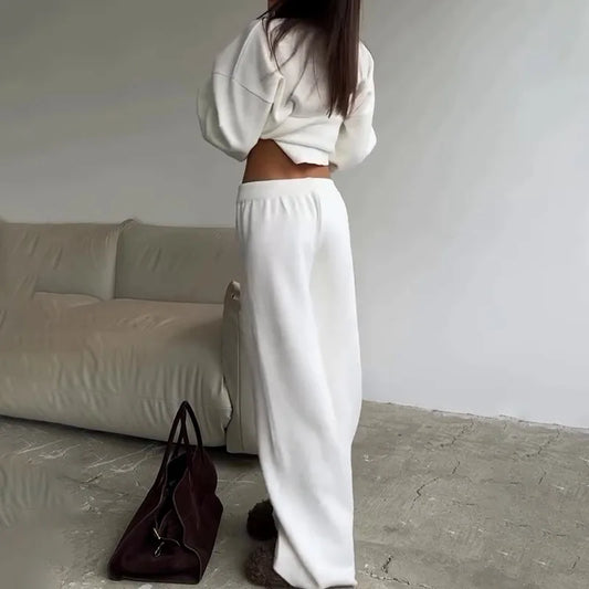 Women's Clothing 2025 Autumn New Solid Color Round Neck Fashion Casual Wide Leg Pants Sweater Suit Female