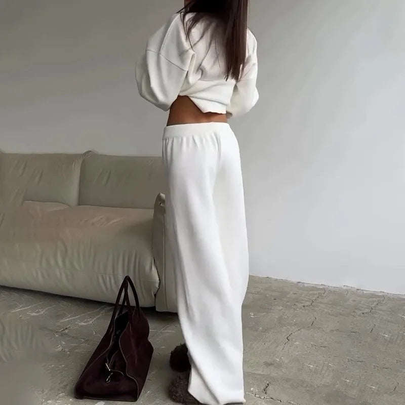 Women's Clothing 2025 Autumn New Solid Color Round Neck Fashion Casual Wide Leg Pants Sweater Suit Female
