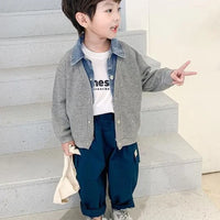 Children's Clothing for Boy Coat Spring Autumn Waffle Jacket Denim Collar Patchwork Top Fake Two Shirts Kids Outerwear 2-9 Y