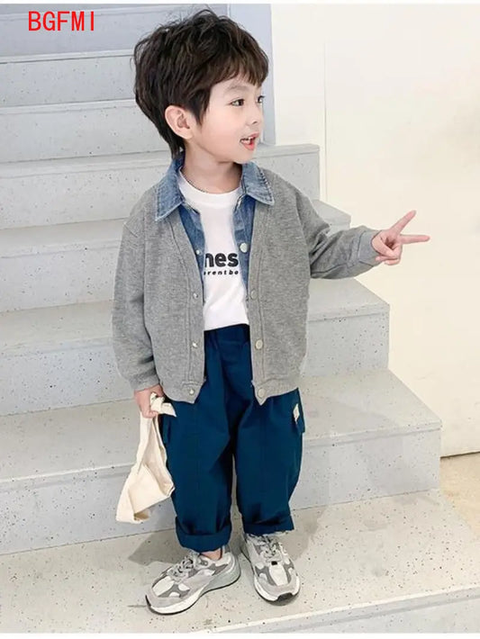 Children's Clothing for Boy Coat Spring Autumn Waffle Jacket Denim Collar Patchwork Top Fake Two Shirts Kids Outerwear 2-9 Y