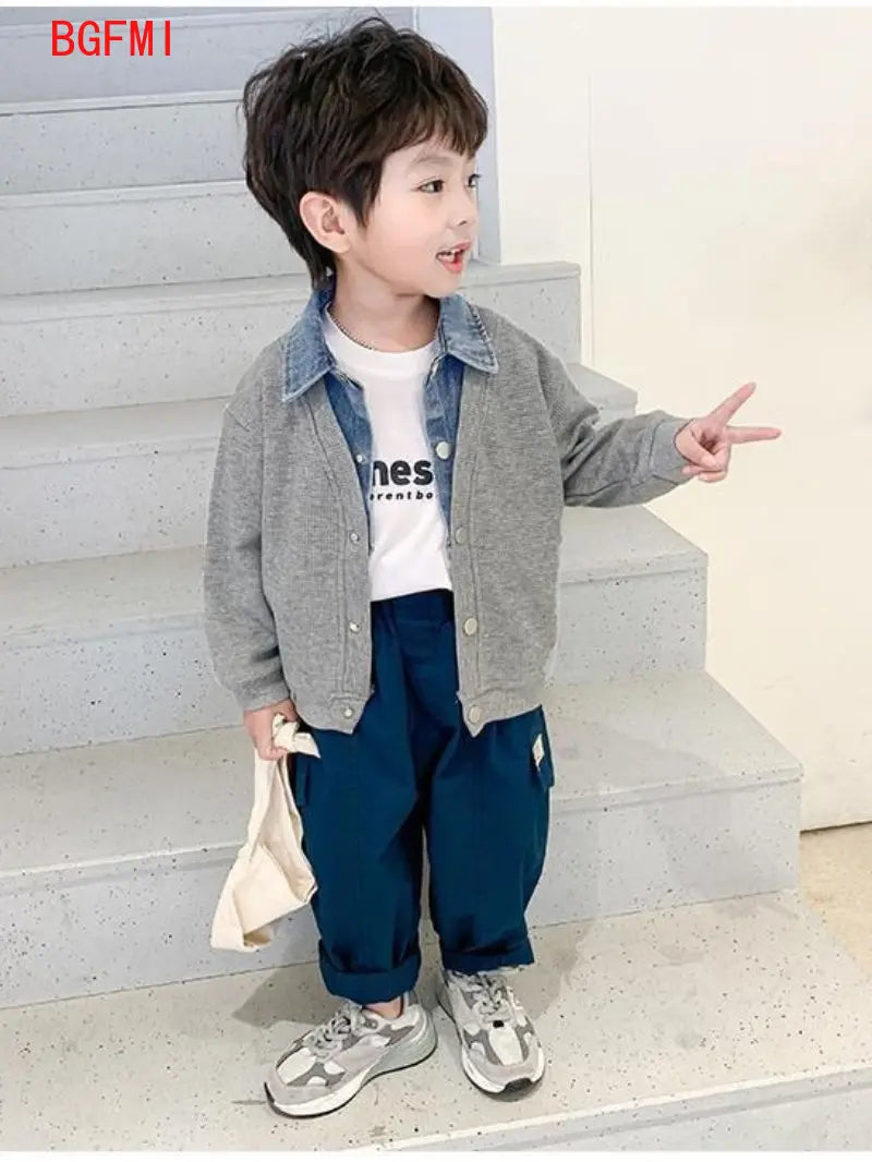 Children's Clothing for Boy Coat Spring Autumn Waffle Jacket Denim Collar Patchwork Top Fake Two Shirts Kids Outerwear 2-9 Y