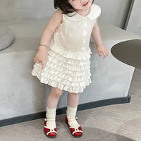Children's Clothing 2025 Summer New Sweet White POLO Collar Vest Skirt Girls' Patchwork Pleated Cake