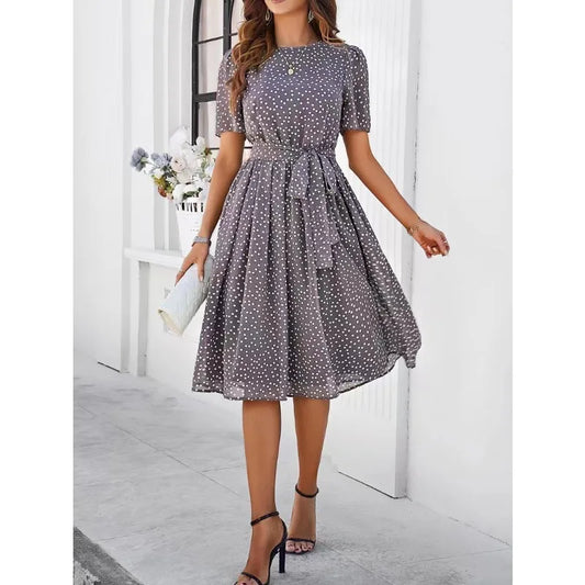 Women's Clothing 2025 Spring and Summer Temperament Casual Polka Dot Lace-up Printed Dress