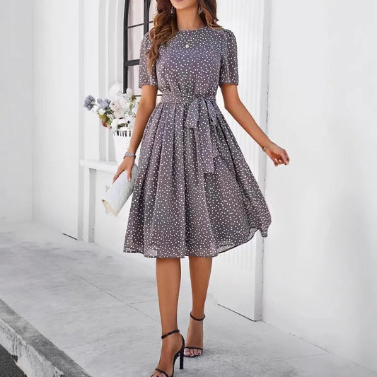 Women's Clothing 2025 Spring and Summer Temperament Casual Polka Dot Lace-up Printed Dress