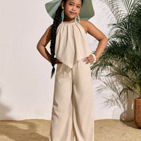 Children's Clothing for Girls: Holiday Casual Solid Color Sleeveless Top and Wide-Leg Pants Set, Girls' Long Pants Set, Children's Casual Fashion Wide-Leg Pants Outfit Suitable for Ages 8 to 12