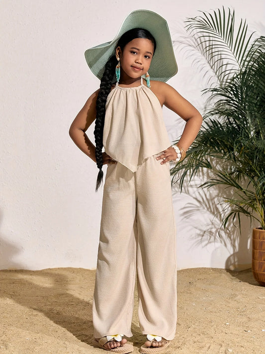 Children's Clothing for Girls: Holiday Casual Solid Color Sleeveless Top and Wide-Leg Pants Set, Girls' Long Pants Set, Children's Casual Fashion Wide-Leg Pants Outfit Suitable for Ages 8 to 12