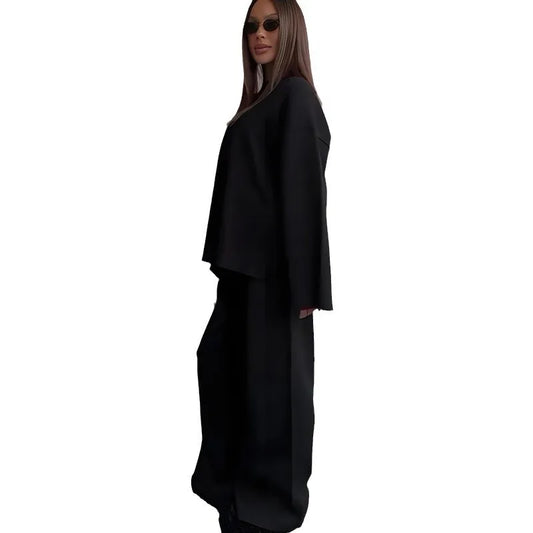 Women's Clothing 2025 Autumn New Solid Color Round Neck Fashion Casual Wide Leg Pants Sweater Suit Female