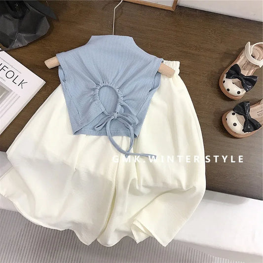 Children's Clothing sets 2-7 Years Backless Sleeveless T-Shirt & White Wide Leg Pants Summer Outfit Toddler Infant Clothing Set