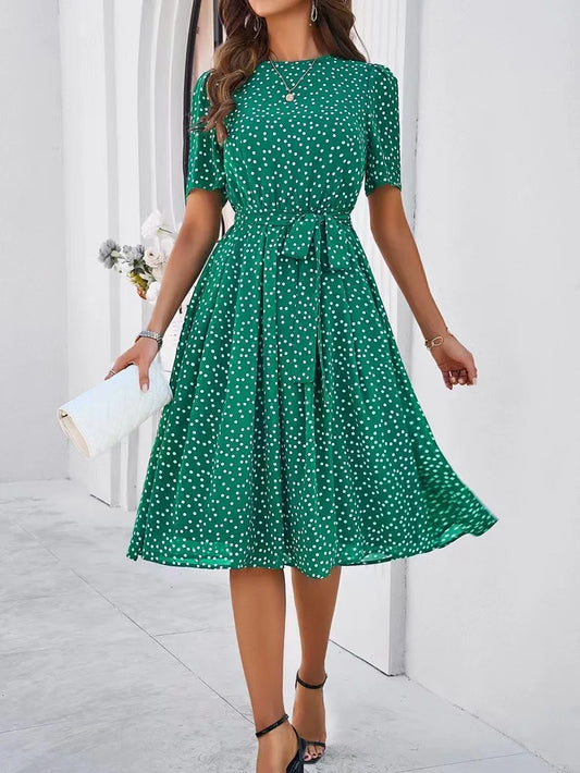 Women's Clothing 2025 Spring and Summer Temperament Casual Polka Dot Lace-up Printed Dress