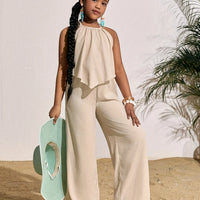 Children's Clothing for Girls: Holiday Casual Solid Color Sleeveless Top and Wide-Leg Pants Set, Girls' Long Pants Set, Children's Casual Fashion Wide-Leg Pants Outfit Suitable for Ages 8 to 12