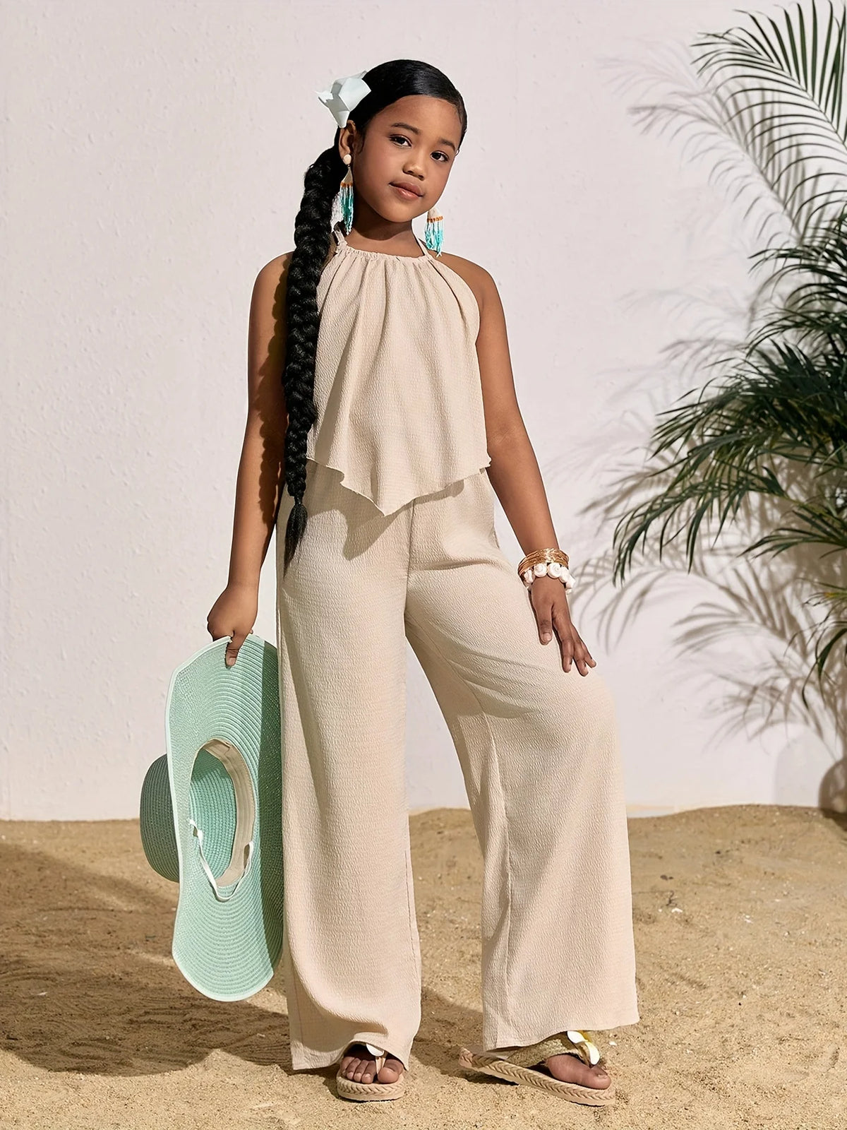 Children's Clothing for Girls: Holiday Casual Solid Color Sleeveless Top and Wide-Leg Pants Set, Girls' Long Pants Set, Children's Casual Fashion Wide-Leg Pants Outfit Suitable for Ages 8 to 12