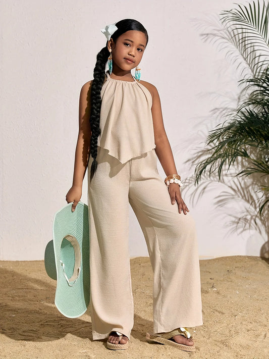 Children's Clothing for Girls: Holiday Casual Solid Color Sleeveless Top and Wide-Leg Pants Set, Girls' Long Pants Set, Children's Casual Fashion Wide-Leg Pants Outfit Suitable for Ages 8 to 12