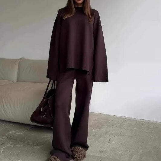 Women's Clothing 2025 Autumn New Solid Color Round Neck Fashion Casual Wide Leg Pants Sweater Suit Female