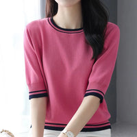 Women's Clothing 2024 Summer Fashion Contrast Color Elegant Sweet Knitted T-shirts Casual O Neck Half Sleeve Loose Pullover Tops