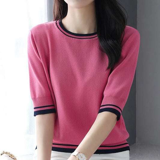 Women's Clothing 2024 Summer Fashion Contrast Color Elegant Sweet Knitted T-shirts Casual O Neck Half Sleeve Loose Pullover Tops