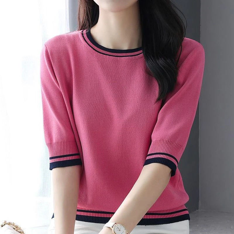 Women's Clothing 2024 Summer Fashion Contrast Color Elegant Sweet Knitted T-shirts Casual O Neck Half Sleeve Loose Pullover Tops