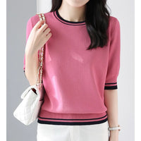 Women's Clothing 2024 Summer Fashion Contrast Color Elegant Sweet Knitted T-shirts Casual O Neck Half Sleeve Loose Pullover Tops