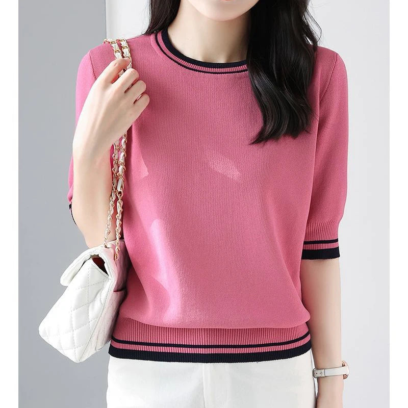 Women's Clothing 2024 Summer Fashion Contrast Color Elegant Sweet Knitted T-shirts Casual O Neck Half Sleeve Loose Pullover Tops