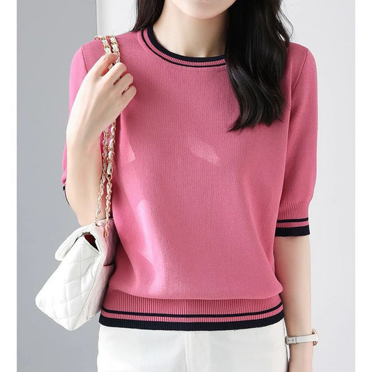 Women's Clothing 2024 Summer Fashion Contrast Color Elegant Sweet Knitted T-shirts Casual O Neck Half Sleeve Loose Pullover Tops