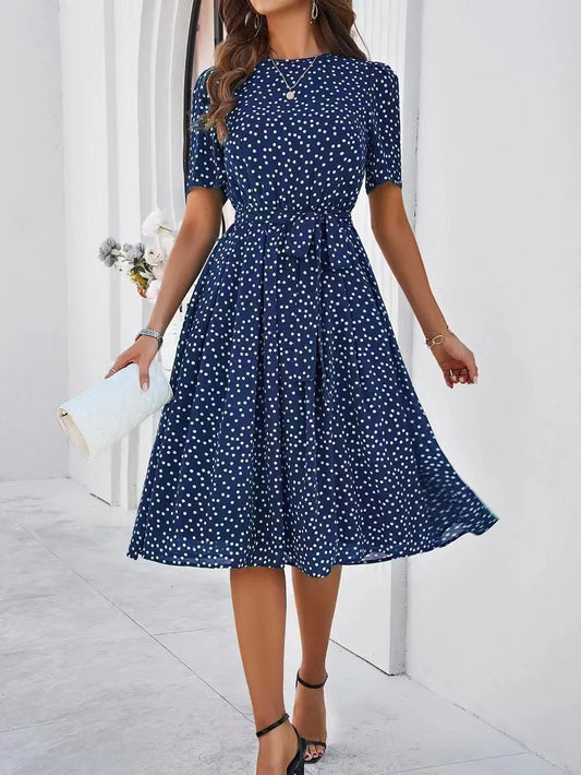 Women's Clothing 2025 Spring and Summer Temperament Casual Polka Dot Lace-up Printed Dress