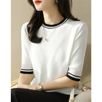 Women's Clothing 2024 Summer Fashion Contrast Color Elegant Sweet Knitted T-shirts Casual O Neck Half Sleeve Loose Pullover Tops