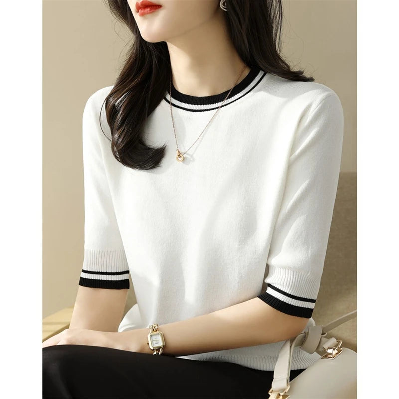 Women's Clothing 2024 Summer Fashion Contrast Color Elegant Sweet Knitted T-shirts Casual O Neck Half Sleeve Loose Pullover Tops