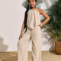 Children's Clothing for Girls: Holiday Casual Solid Color Sleeveless Top and Wide-Leg Pants Set, Girls' Long Pants Set, Children's Casual Fashion Wide-Leg Pants Outfit Suitable for Ages 8 to 12