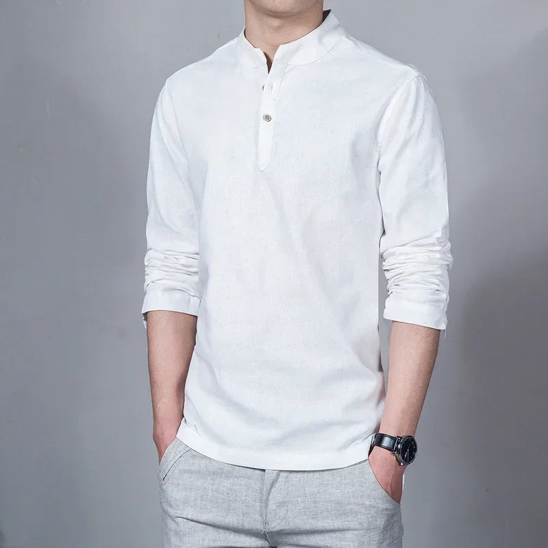 Men's Clothing  Men Spring Tops & Tees Male Fashion T-Shirts Stand Collar Long-sleeved Slim Base Shirt Homme Linen t-shirt
