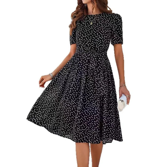 Women's Clothing 2025 Spring and Summer Temperament Casual Polka Dot Lace-up Printed Dress